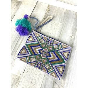 American & Beyond Womens Multicolor Beaded Embroidered Boho Zip Wristlet Bag